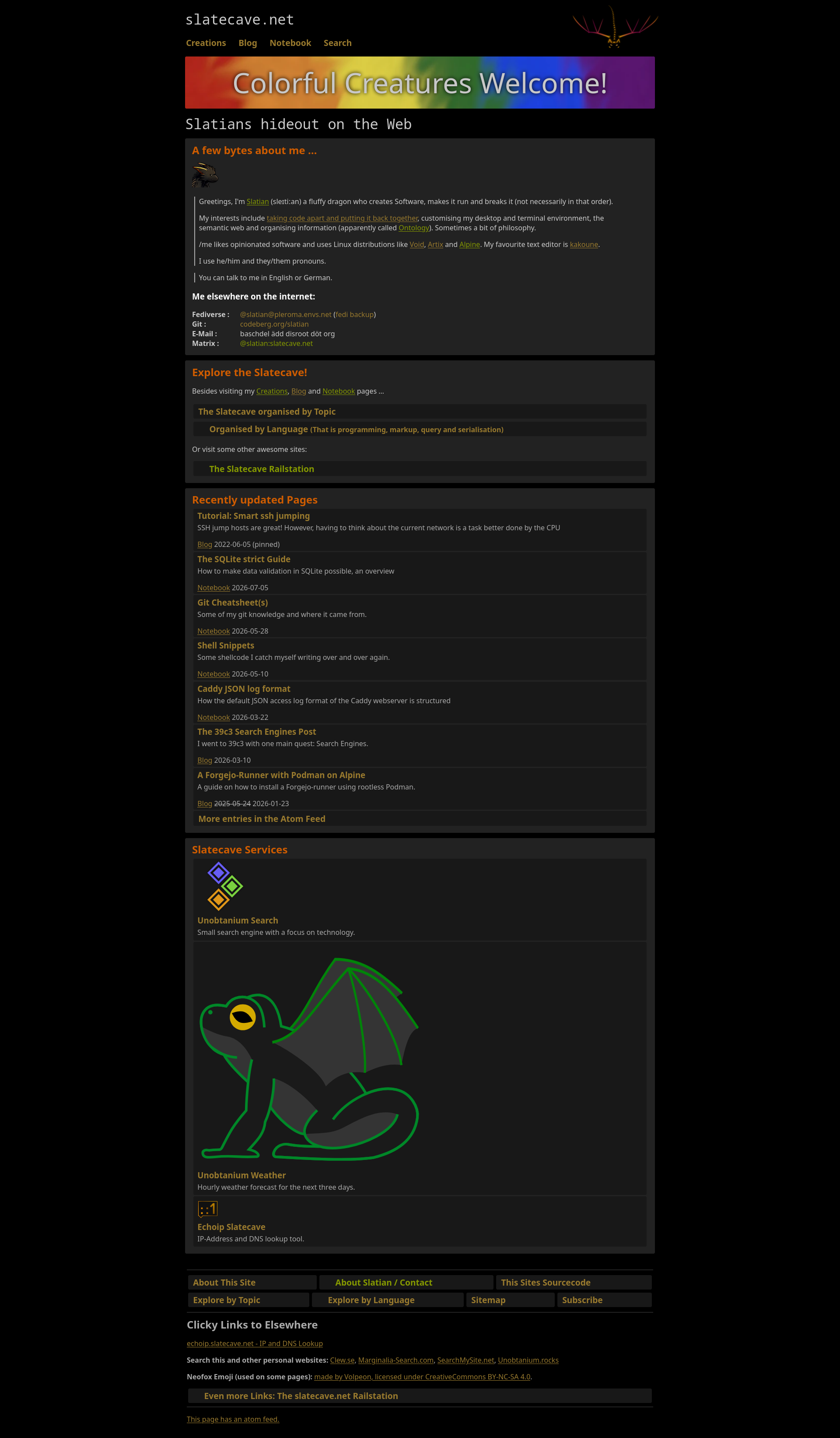 Screenshot of the current slatecave.net Homepage with an old stylesheet applied. The sections look like cards with slightly round corners and odd spacing. Also, the icons are broken.